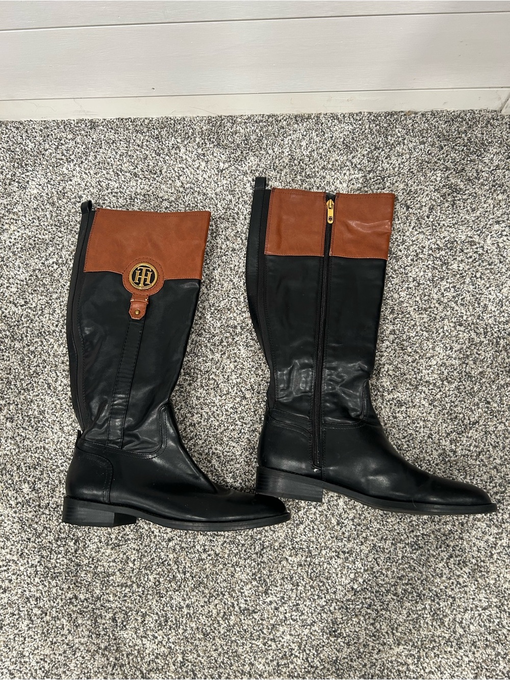 Tommy Hilfiger Black and Brown Tall Leather Riding Boots